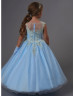 Gold Lace Blue Organza Ankle Length Wedding Flower Girl Dress 